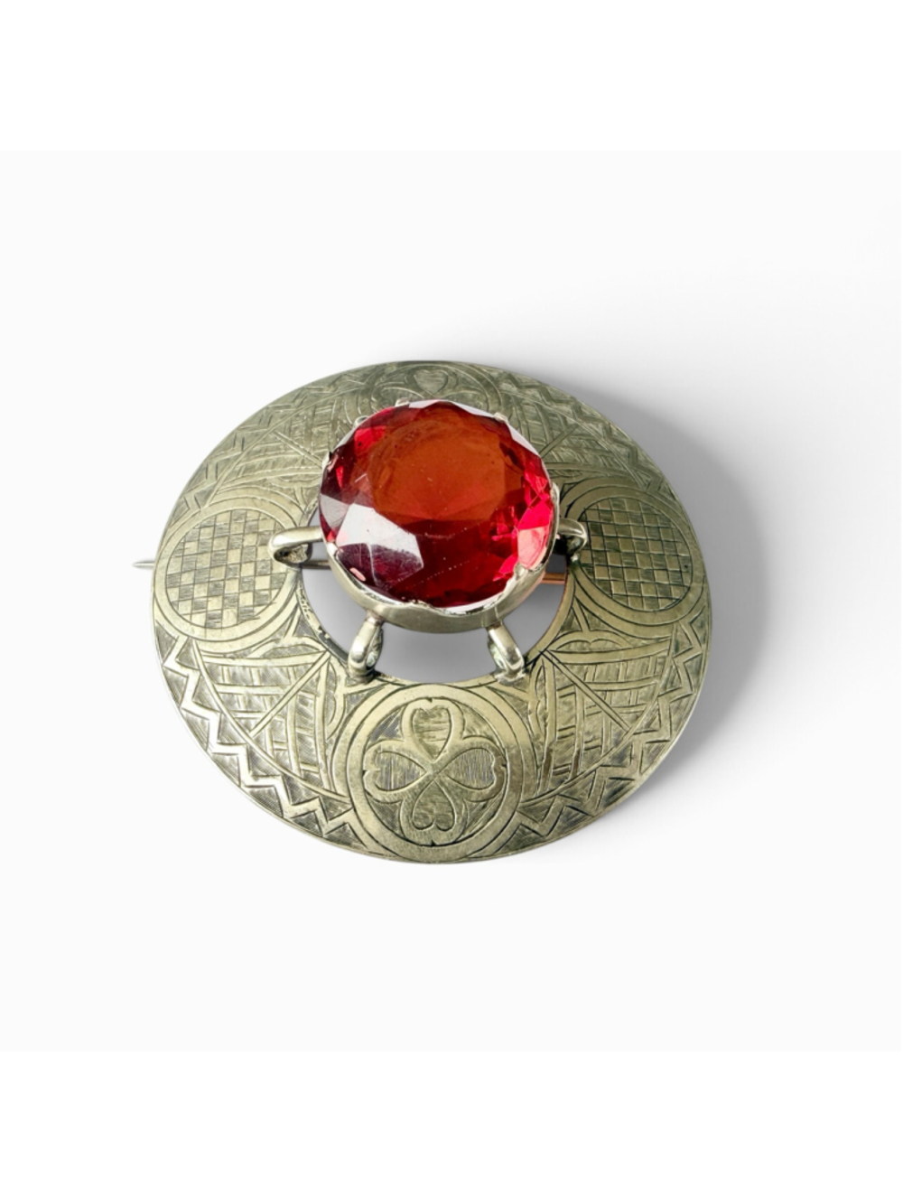 Large Victorian Scottish Kilt Cape Pin Carnelian Glass Celtic Plaid Brooch - Picture 9 of 10